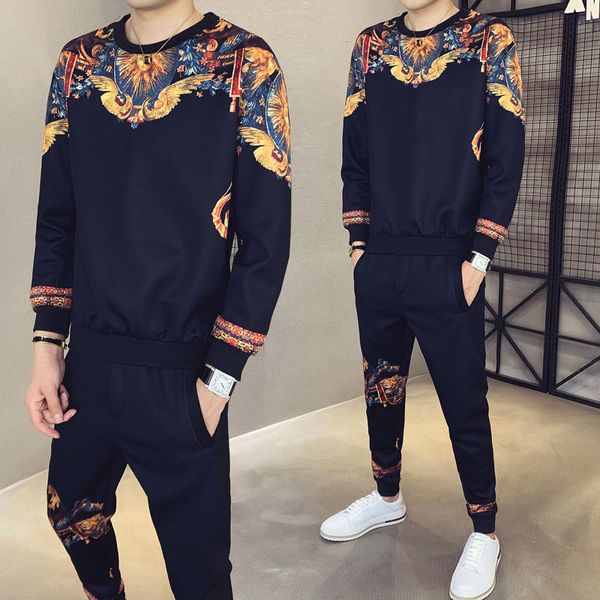 

2020 autumn new men set fashionable men's printed round neck sweater casual suit two-piece suit + trousers ropa hombre, Black;blue