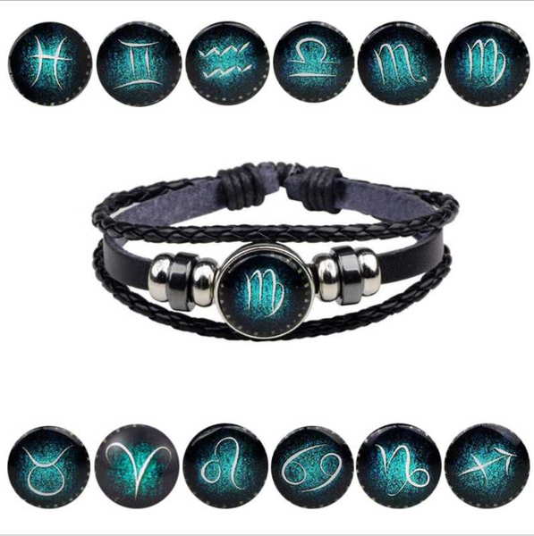 

fashion twelve constellations leather zodiac bracelet jewellery women braid rope cortex bracelet jewelry handmade luminous gift, Golden;silver