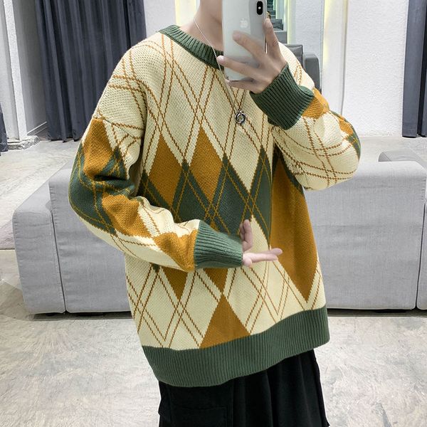 

winter plaid sweater men's warmth fashion retro casual knitted pullover men wild loose korean clothes mens knitting sweaters, White;black