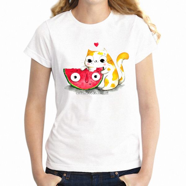 

women t shirt cute cat eating a watermelon artsy girl tee short sleeve tee shirt wholesale