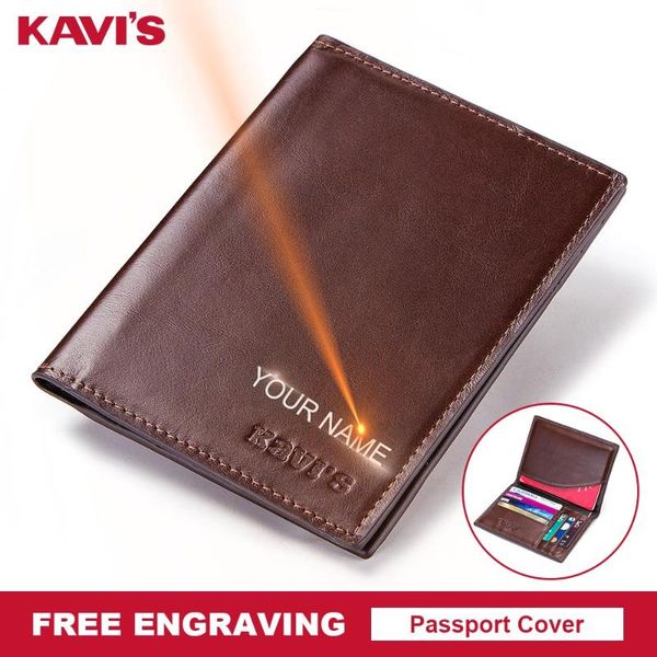 

kavis engraving name passport cover genuine cow leather small id card holder travel credit men wallet purse case thin, Brown;gray