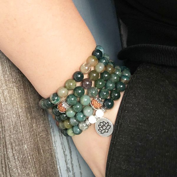 

108 prayer beads wrist wrap yoga meditation japa bracelets india a-gate india stone 8mm rudraksha lotus charm bracelet, Golden;silver
