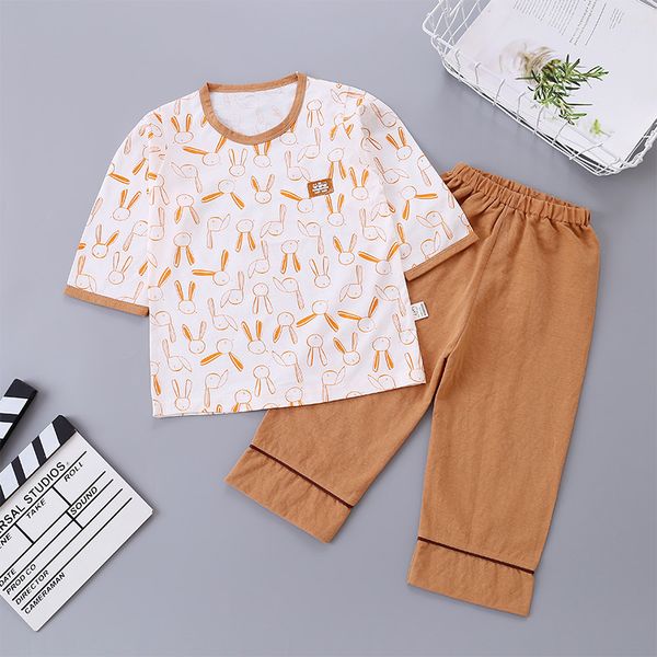 

2020 new style childrens summer air conditioning clothes cotton breathable three-quarter sleeve set baby leisure pajamas, Blue