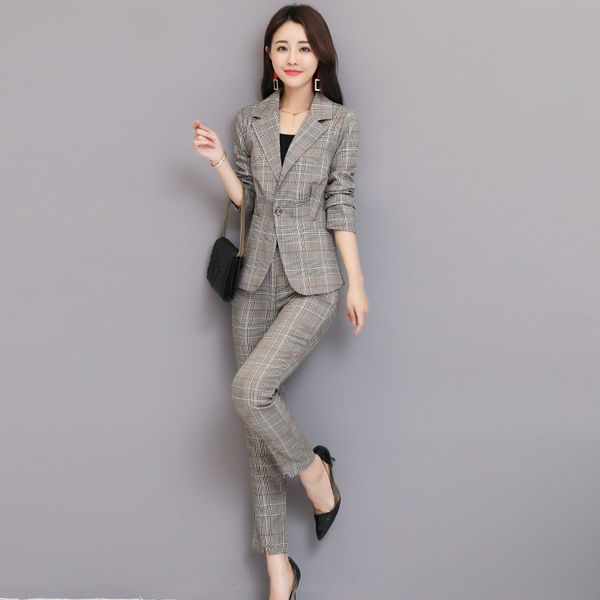 

ladies suit suit female new style fashionable temperament commuter plaid professional pants two piece outfits for women, Gray