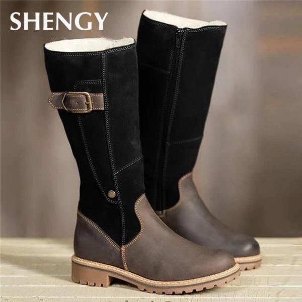 

new boots women leather flock winter plush warm kneel high boots luxry ladies patchwork flat shoes casual female snow, Black