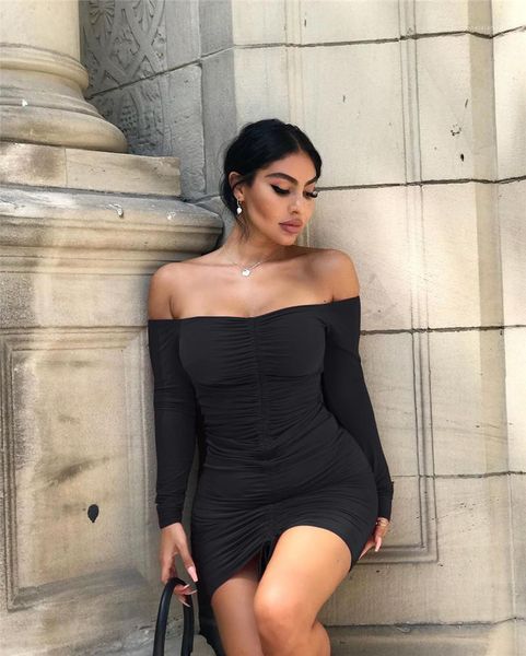 

bodycon dresses fashion club ladies dress summer pleated designer slash neck clothes womens solid color, White;black