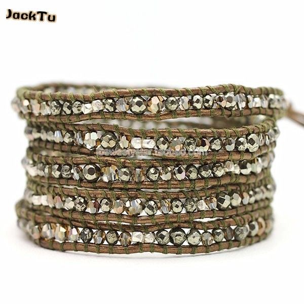

3mm 4mm crystal mix pyrite leather wrap bracelet for women, Golden;silver