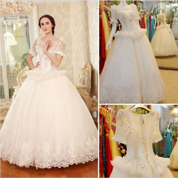 

custom made 2020 new luxurious a-line beaded crystal corset back short sleeves wedding dresses vintage plus size brides aq158, White