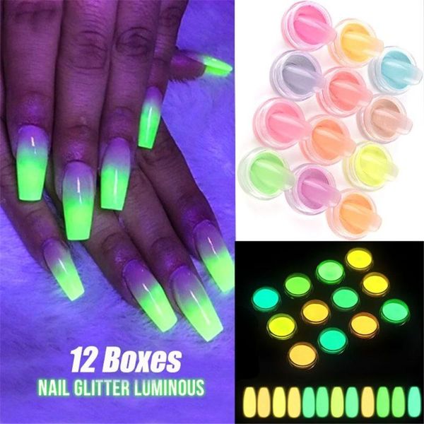 

nail glitter 12box/set ultrafine fluorescent powder neon phosphor colorful art pigment 3d glow luminous dust decorations, Silver;gold