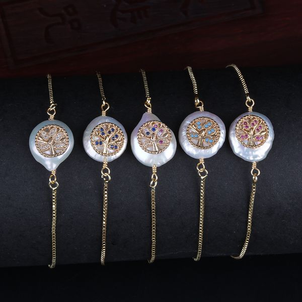 

cz paved tiny tree of life charm freshwater pearl bead charms dainty gold link bracelets for women wedding brithday jewelry gift, Black