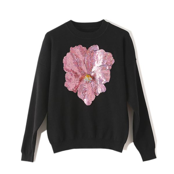 

luxury o-neck knitted pullover fashion women's jumpers flowers sequined embroidery ladies loose knitting cotton sweater, White;black