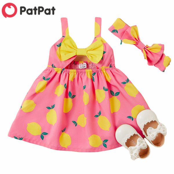 

patpat 2020 new summer baby lemon print strappy dresses with headband set for baby girl lemon vacation dress clothes, Red;yellow