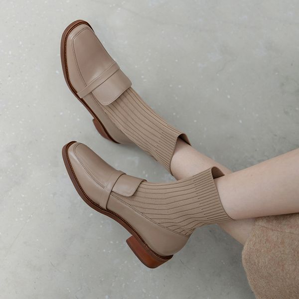 

stretch cowhide boots women sock ankle boot female square toe thick heels shoes ladies fashion genuine leather boots winter 2020, Black