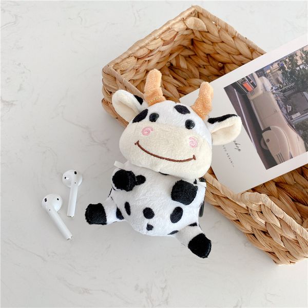 

cute winter warm fleece cartoon milk cow dairy cattle silicone bluetooth wireless headset cover for apple airpods 1 2 pro charging case