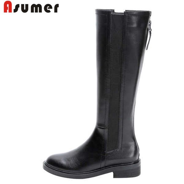 

asumer 2020 new pu+cow leather boots med heels knee high boots round toe simple autumn winter riding big size, Black