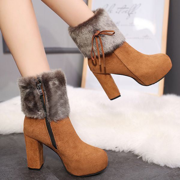 

2020 winter snow boots new flock round toe buckle boots for women ankle heels fashion zipper women's shoes large size, Black