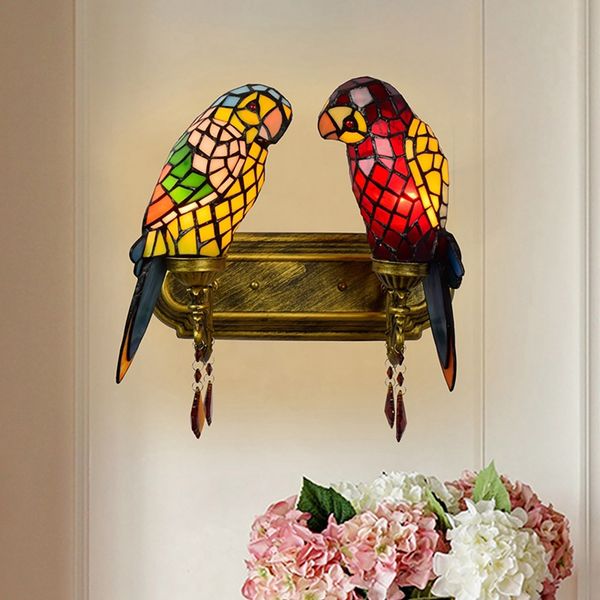 

tiffany retro wall lamp double birds mirror lighting european style parrot crystal bedside aisle balcony wall lamp
