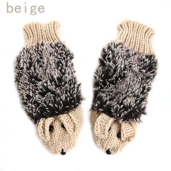 

1pair fashion women cute fingerless gloves girl warm cartoon hedgehog gloves novelty knitted cotton winter mittens outdoor gift, Blue;gray