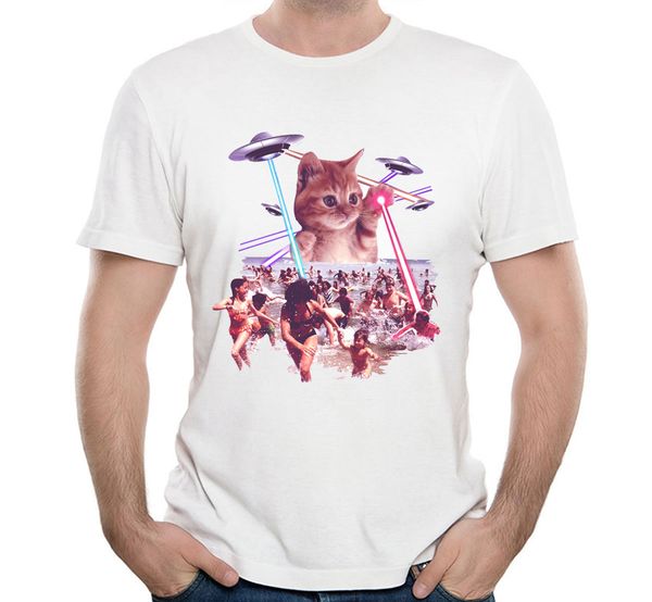 

funny cute cat invader from space beach attack ufo & lasers galaxy universe t-shirt summer men's t-shirt boy punk men tees