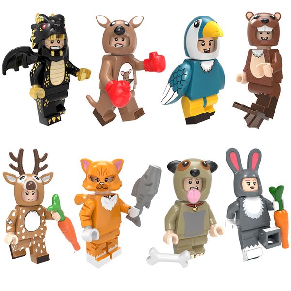 

cartoon animal dog pug otter sika deer black dragon kangaroo parrot bird rabbit cat mini action figure building blocks brick toy for kid