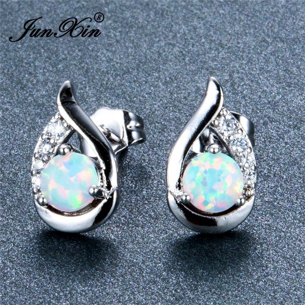 

junxin new unique silver color/black/rose gold filled zircon jewelry mystic white fire opal stud earrings for women, Golden;silver
