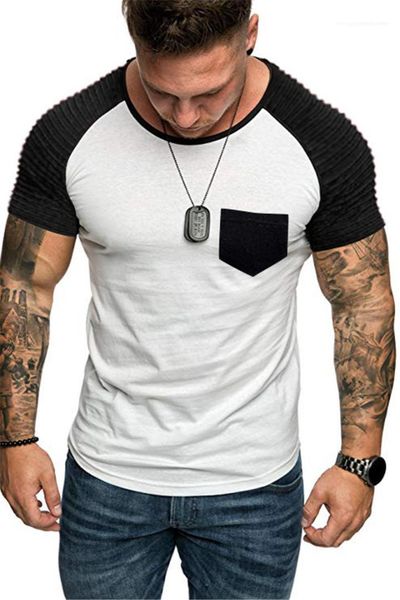 

pockets mens tshirts pleated sleeve o neck slim summer casual tees 4colors plus size contrast color, White;black