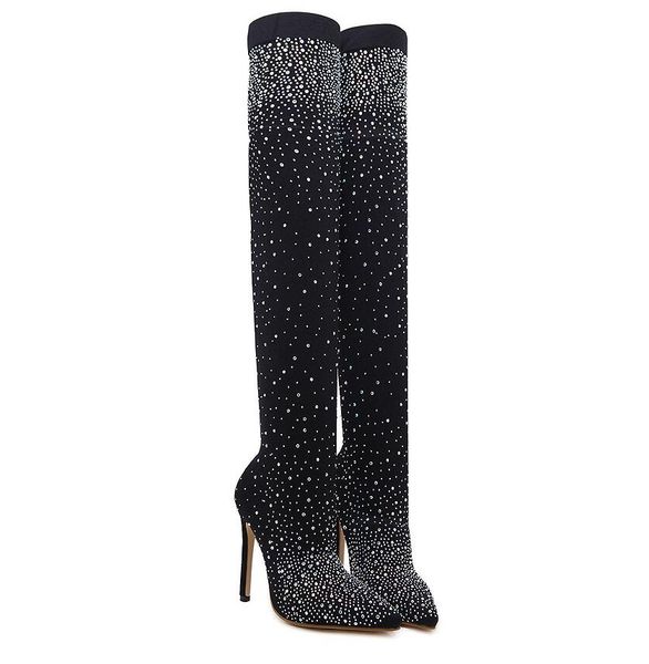 

fashion rhinestone high heel women's boots elastic cloth over the knee boots high-heeled women boots, Black