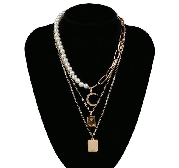 

imitation pearl choker punk multi-layered crystal moon cross square pendant necklace for women s002, Silver