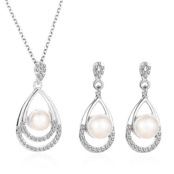 

new design luxury jewellery fashion water drop necklace earrings set rhinestone imitation pearl jewelry set for women, Silver