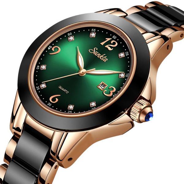 

sunkta 2020 new fashion ladies wrist watches crystal dress women watch rhinestone ceramic wristwatch quartz watch, Slivery;brown