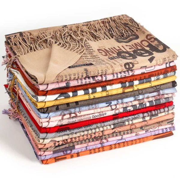 

scarves autumn and winter double-sided scarf, foreign trade solid color printing letter cashmere-like scarf shawl, Blue;gray