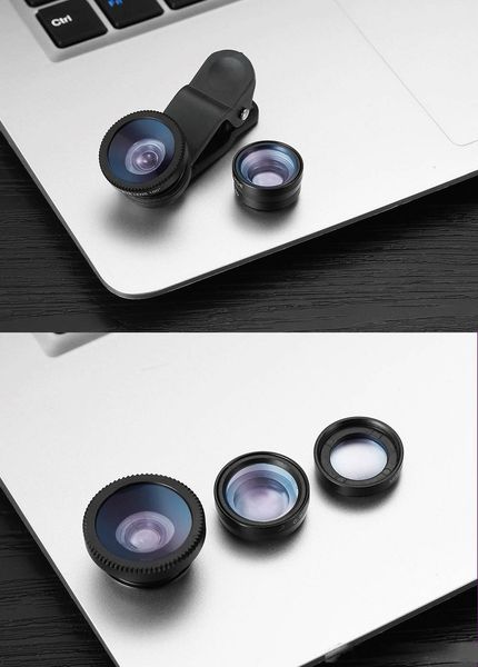 

3 in 1 universal metal clip phone camera lens fish eye macro wide angle for iphone 7 samsung galaxy s8 with retail package