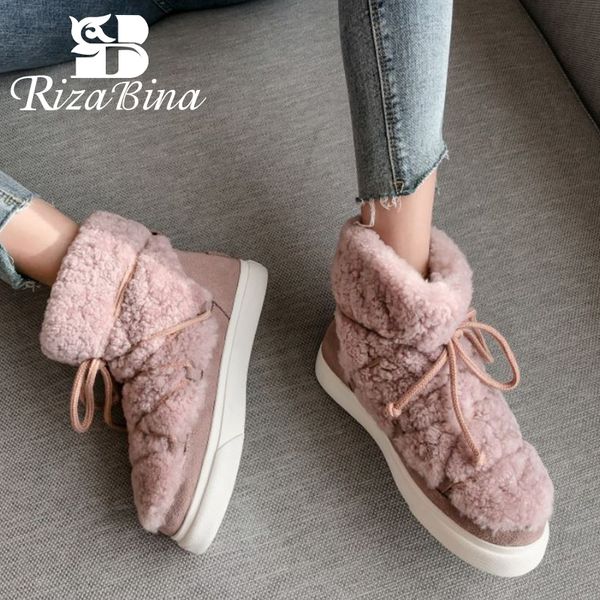 

rizabina real leather women snow boots lace up warm fur winter shoes woman fashion platform plush short boot footwear size 34-42, Black