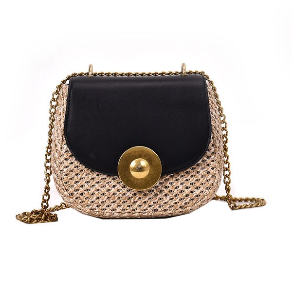 

contrast color straw shoulder bags women leather saddle weave casual crossbody bag women fashion beach small handbags flap