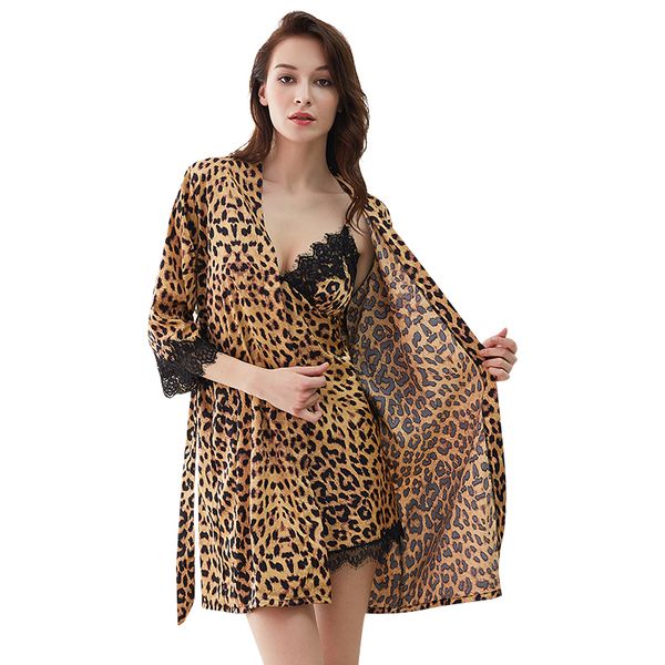 

women nightdress long section simulation silk home service leopard print lace nightgown+sling ice silk nightdress, Black;red