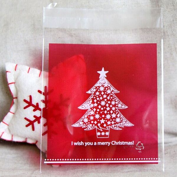

100 pcs/pack red christmas tree design plastic cookie bags christmas candy gift decoration bag biscuit bags