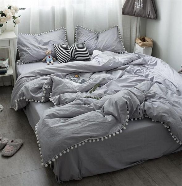 

ball pom fringe duvet cover pillowcase 100%cotton ultra soft solid white pink bedding set girls bed sheet twin  king size