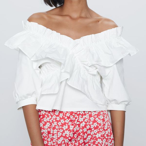 

women's blouses & shirts 2021 ruffled summer shirt women v-neck short sleeves tonal ruffles blouse elegant elastic trim white woman