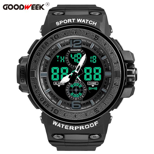 

goodweek men sports watches waterproof army men's wristwatch led quartz watch dual diaplsy watches relogios masculino, Slivery;brown