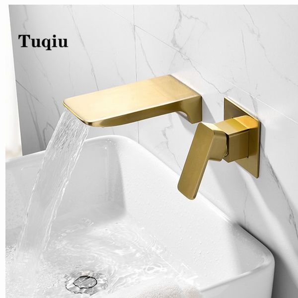 

brush gold wall mounted basin faucet single handle bathroom mixer tap cold sink faucet square waterfall basin brass