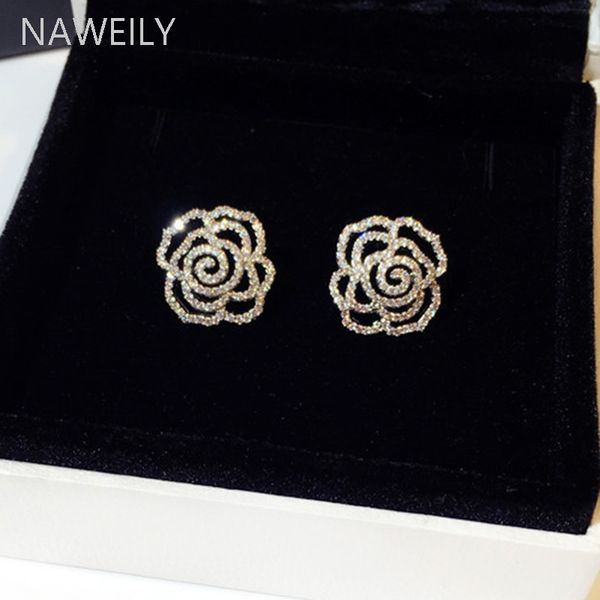 

luxury full rhinestone rose flower stud earring for women super flashing crystal temperament wedding earrings, Golden;silver