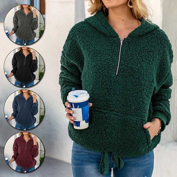 

plush winter warm hoodie women solid color fleece long sleeve hooded zipper sweatshirt hoodies women with pocket 2020 outwear, Black