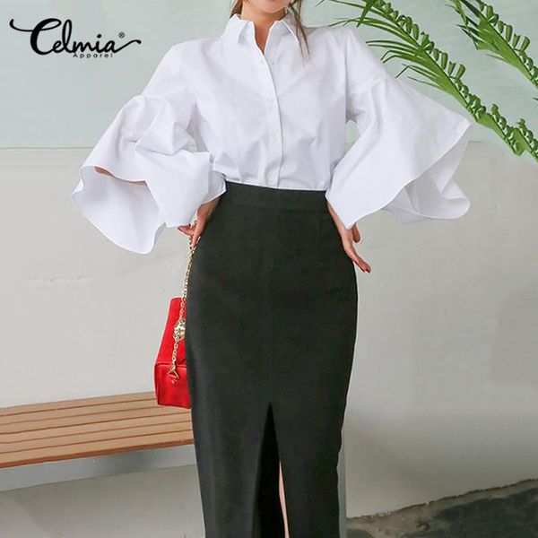 

женщины моды flare рукав блузка celmia 2020 асимметричного tops casual solid ruffles рубашки плюс размером элегантной дряблой blusas mujer, White