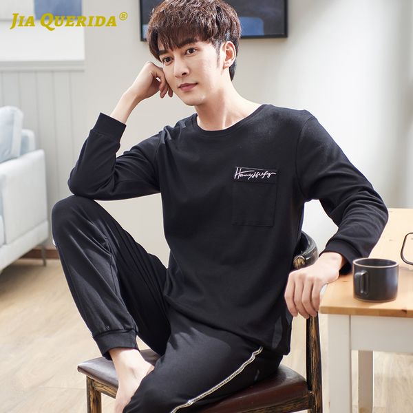 

mens pajama set 100% cotton home suits solid classic black sporty mens pyjama long sleeved pullover two piece set, Black;brown