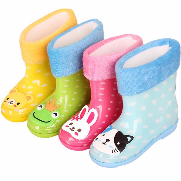 

cartoon children' rain boots anti-skid plus velvet for girl and boy infant baby boots rubber shoes small kids water shoes, Black;grey