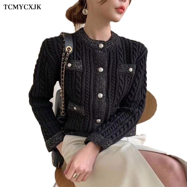 

short sweater cardigan jacket womens o-neck loose thick casual sweater coat women fashion pearl button twist knit female, White