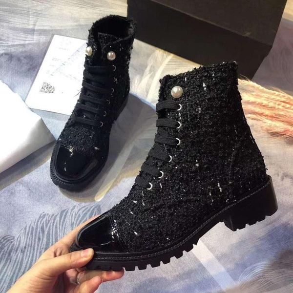 

new boots winter female woolen cloth lace up short boots pearl decoration ankle boot size 35-40, Black