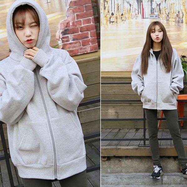 

autumn spring fashion hooded outwear hoodies women casual long sleeve zip up loose ladies streetwear winter sweatshirts, Black