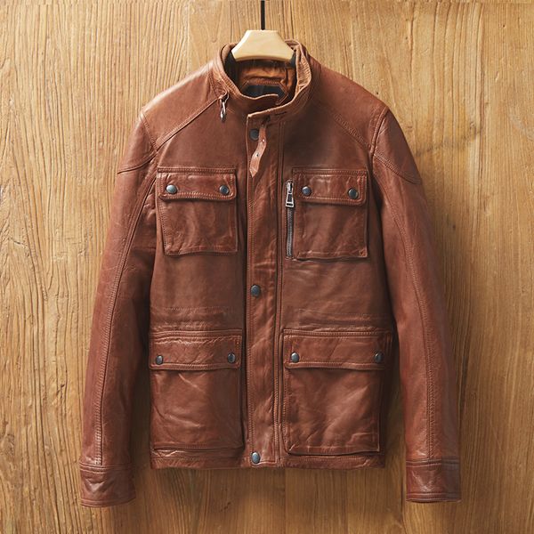 

mens leather jacket 100% real sheepskin leather coat brown motorcycle genuine jackets vintage mg9-k9108 kj4428, Black