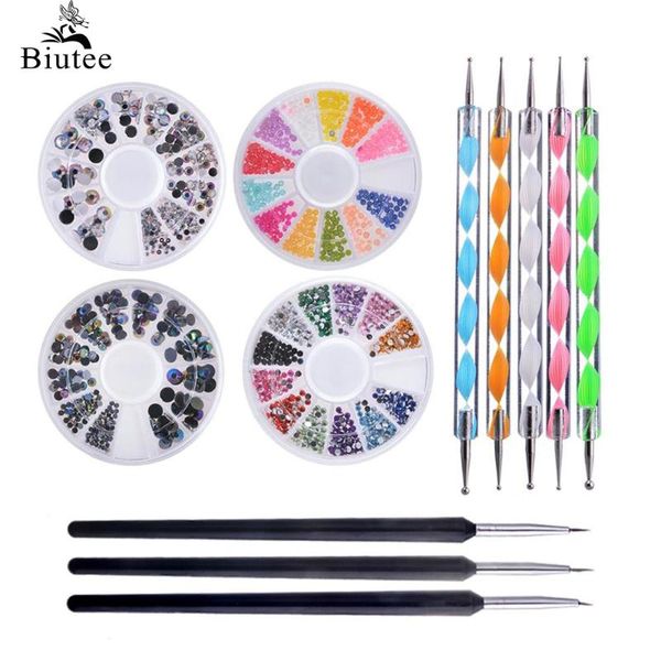 

biutee 12pcs pro nail art set kit 4 wheels multicolor bright nails wooden decoration nail art brushes pointed punches kit tools, Silver;gold